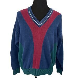 Vintage Preppy V Neck Vertical Color Block Stripe Sweater - Men's Size L